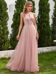 A-Line Halter Neck Applique Wedding Dress with Tulle – Pink