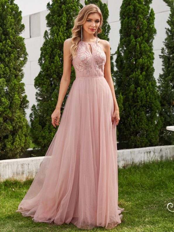 A-Line Halter Neck Applique Wedding Dress with Tulle - Pink