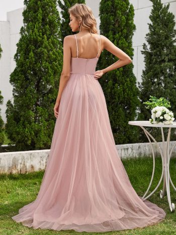 A-Line Halter Neck Applique Wedding Dress with Tulle - Pink