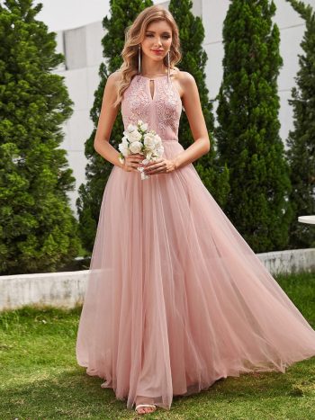 A-Line Halter Neck Applique Wedding Dress with Tulle - Pink