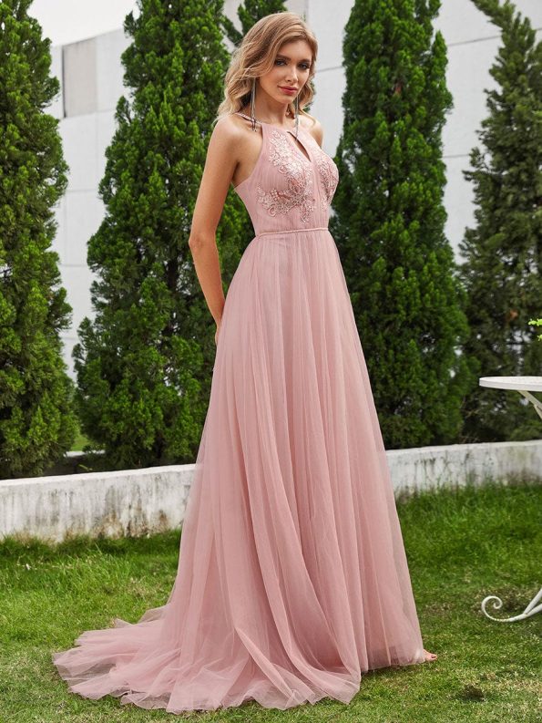 A-Line Halter Neck Applique Wedding Dress with Tulle - Pink