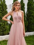 A-Line Halter Neck Applique Wedding Dress with Tulle – Pink