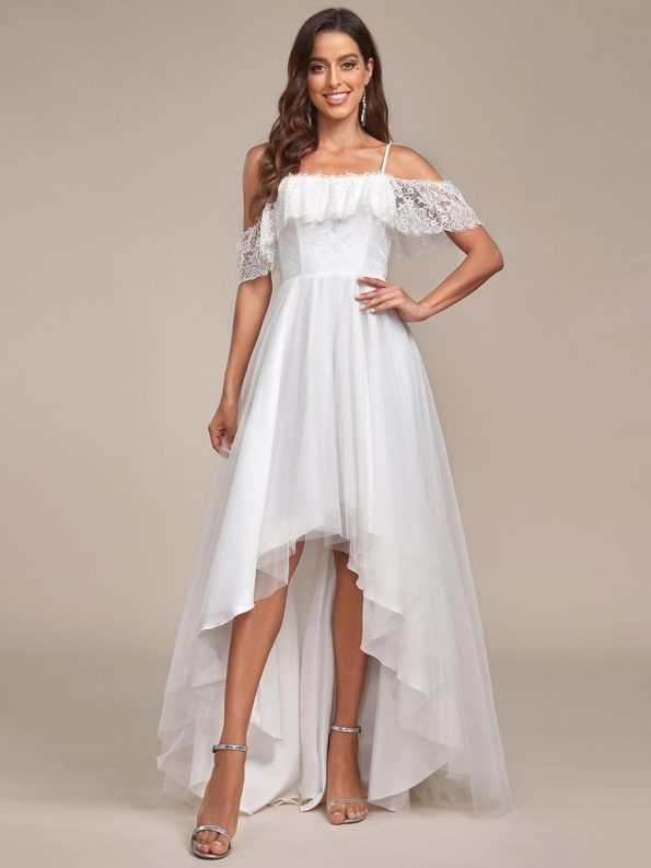 Cold Shoulder Lace High-Low Wedding Dress - Cream