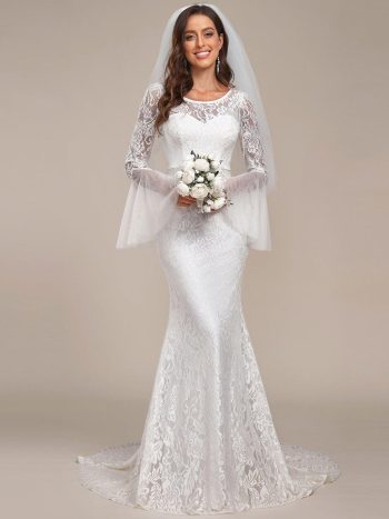 Sweetheart Long Bell Sleeve Mermaid Wedding Dress - Cream