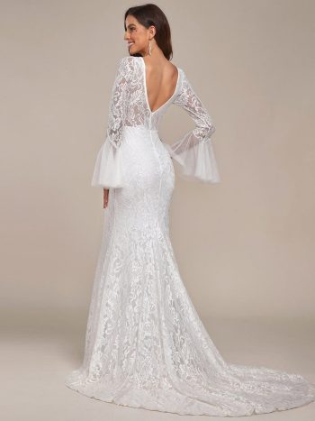 Sweetheart Long Bell Sleeve Mermaid Wedding Dress - Cream