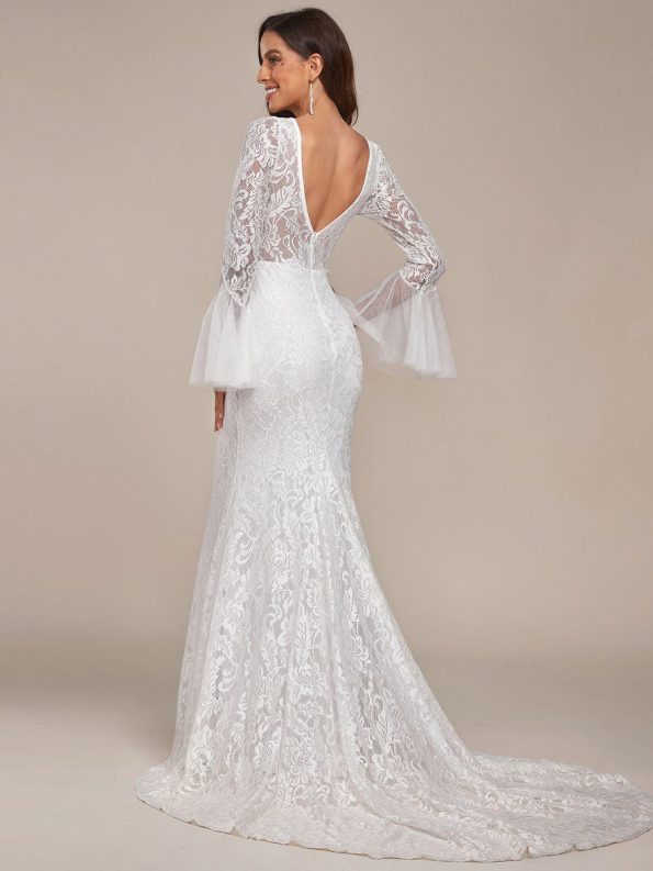 Sweetheart Long Bell Sleeve Mermaid Wedding Dress - Cream