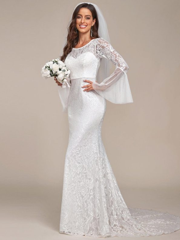 Sweetheart Long Bell Sleeve Mermaid Wedding Dress - Cream