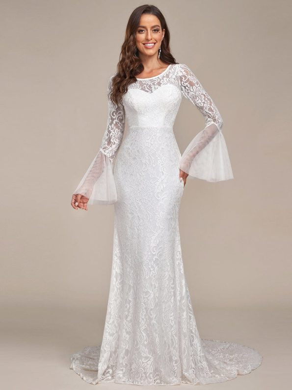 Sweetheart Long Bell Sleeve Mermaid Wedding Dress - Cream