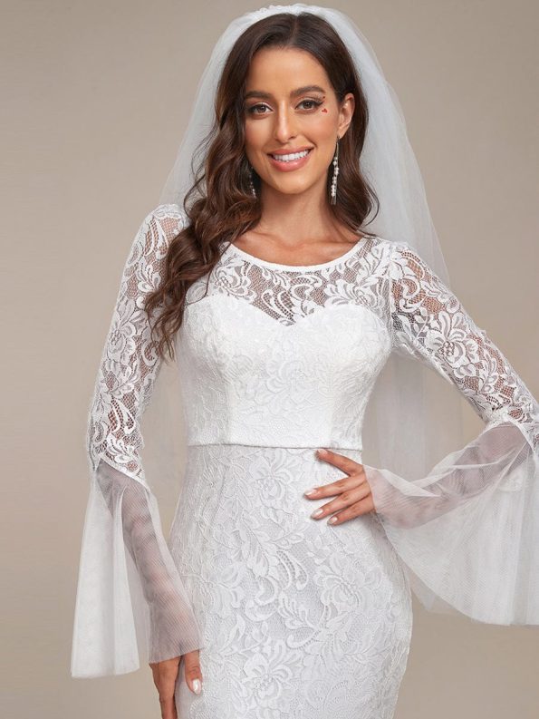 Sweetheart Long Bell Sleeve Mermaid Wedding Dress - Cream