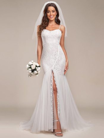 Spaghetti Strap Lace Backless Long Fishtail Wedding Dress - Cream