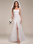 Custom Size Floral Spaghetti Strap Lace Backless Long Mermaid Wedding Dress – Cream