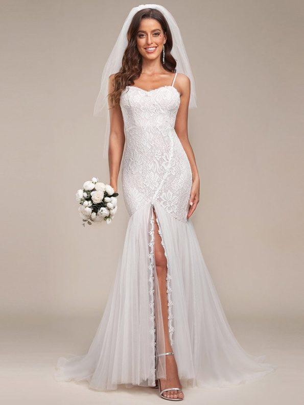 Custom Size Floral Spaghetti Strap Lace Backless Long Mermaid Wedding Dress - Cream