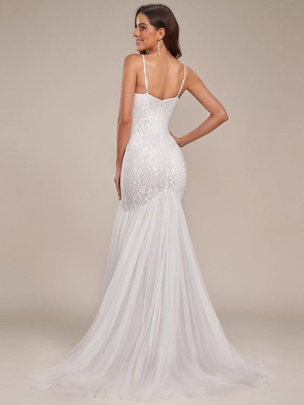 Spaghetti Strap Lace Backless Long Fishtail Wedding Dress - Cream