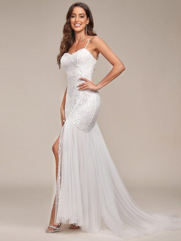 Spaghetti Strap Lace Backless Long Fishtail Wedding Dress - Cream