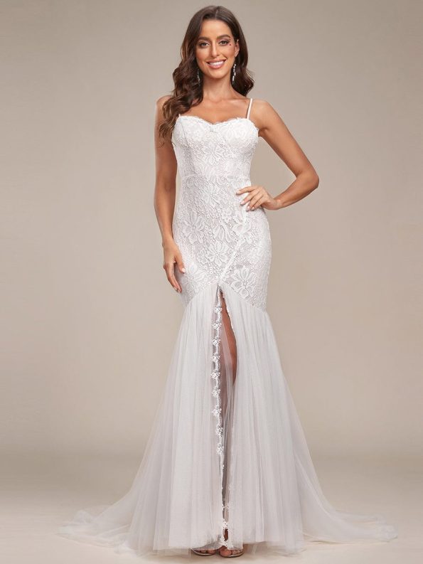 Spaghetti Strap Lace Backless Long Fishtail Wedding Dress - Cream