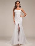 Custom Size Floral Spaghetti Strap Lace Backless Long Mermaid Wedding Dress – Cream