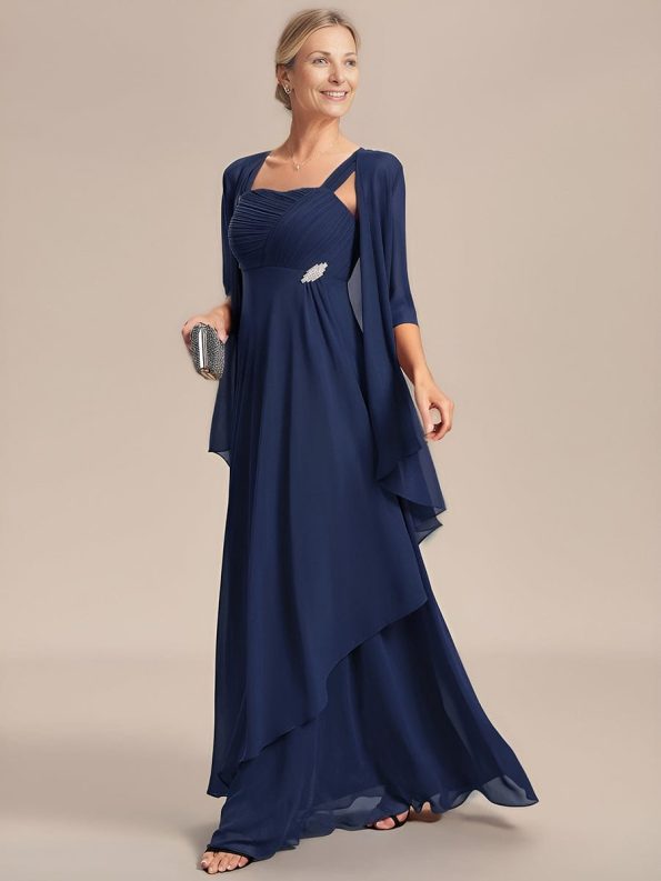 Two-Piece Square Neck Chiffon A-Line Mother of the Bride Dress - Navy Blue