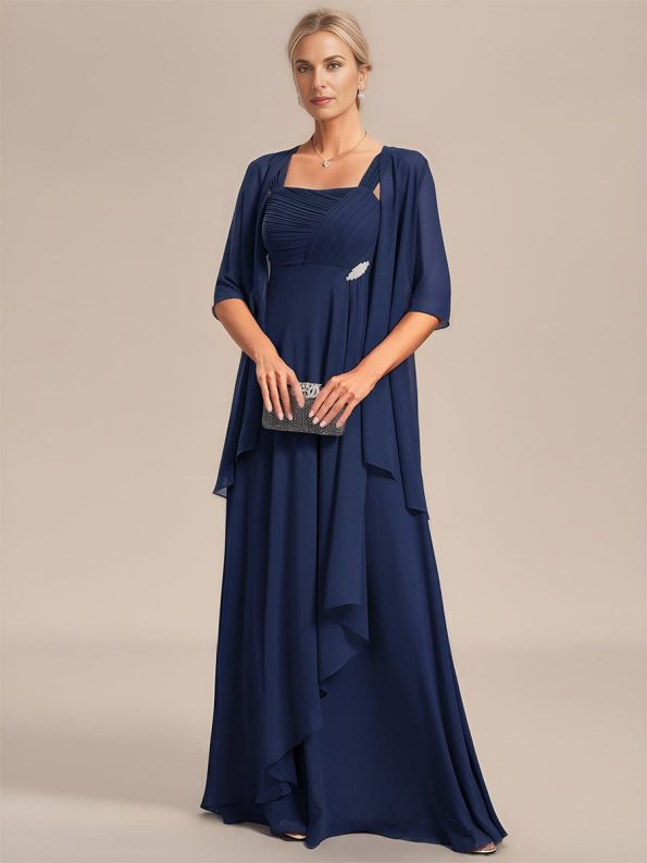 Two-Piece Square Neck Chiffon A-Line Mother of the Bride Dress - Navy Blue