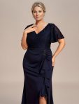 Plus Size Lotus Leaf Hemline Bodycon Lace Top Mother of the Bride Dress – Navy Blue