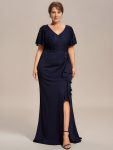 Plus Size Lotus Leaf Hemline Bodycon Lace Top Mother of the Bride Dress – Navy Blue