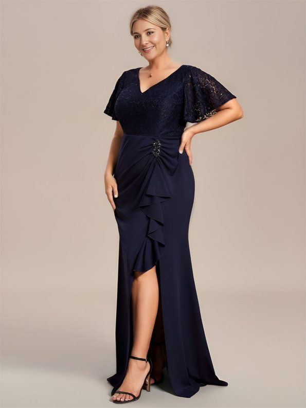 Plus Size Lotus Leaf Hemline Bodycon Lace Top Mother of the Bride Dress - Navy Blue