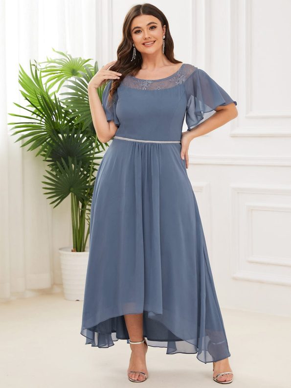 Plus Size Boat Neck Formal Dress with Sleeves - Dusty Navy