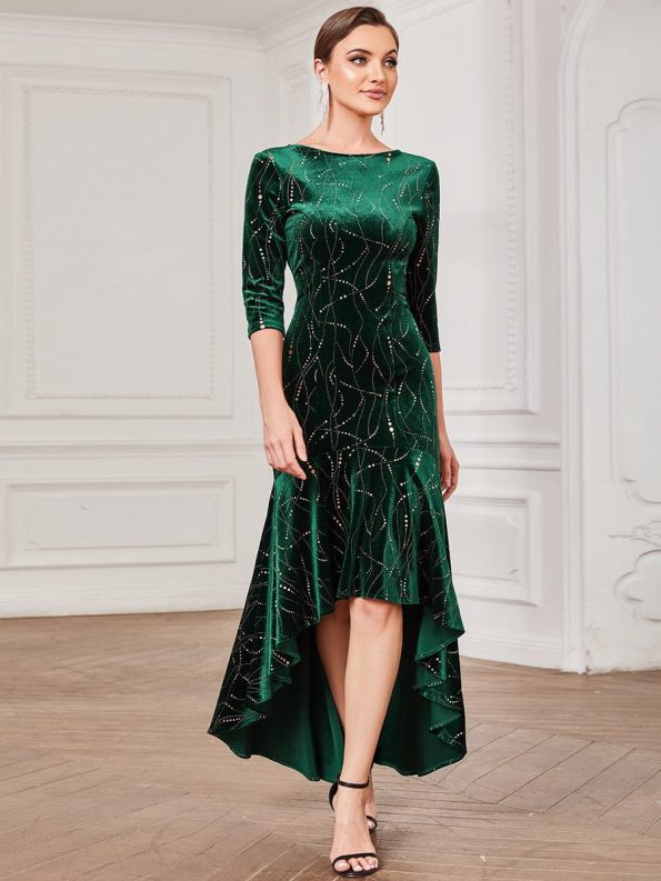 Women's Stylish Bodycon High-Low Velvet Party Dress - Dark Green