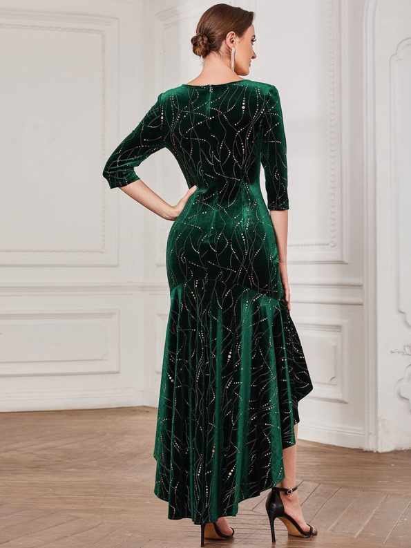 Women's Stylish Bodycon High-Low Velvet Party Dress - Dark Green