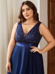 Plus Size Sequin High-Low Deep V Neck Tulle Evening Dresses – Navy Blue