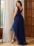 Plus Size Sequin High-Low Deep V Neck Tulle Evening Dresses – Navy Blue