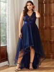 Plus Size Sequin High-Low Deep V Neck Tulle Evening Dresses – Navy Blue