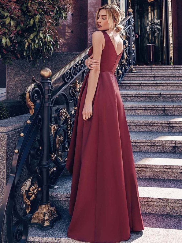 Women's V-Neck High Low Cocktail Party Dresses - Burgundy