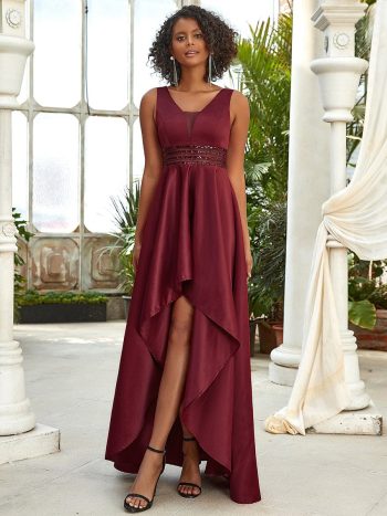 Women's V-Neck High Low Cocktail Party Dresses - Burgundy