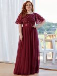 Plus Size Women’s Embroidery Evening Dresses with Short Sleeve – Burgundy