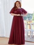 Plus Size Women’s Embroidery Evening Dresses with Short Sleeve – Burgundy