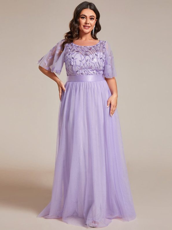 Plus Size Women's Embroidery Evening Dresses with Short Sleeve - Lavender