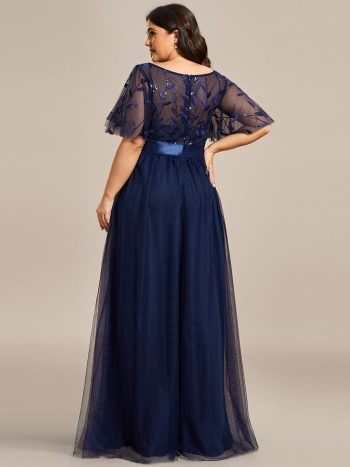 Plus Size Women's Embroidery Evening Dresses with Short Sleeve - Navy Blue