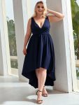 Plus Size Elegant High-Low Sleeveless Empire Waist Bridesmaid Dress – Navy Blue