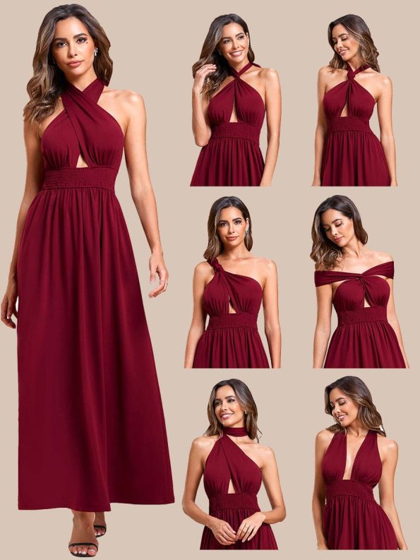 Convertible Halter A-Line Elastic Waist Tea Length Backless Bridesmaid Dress - Burgundy