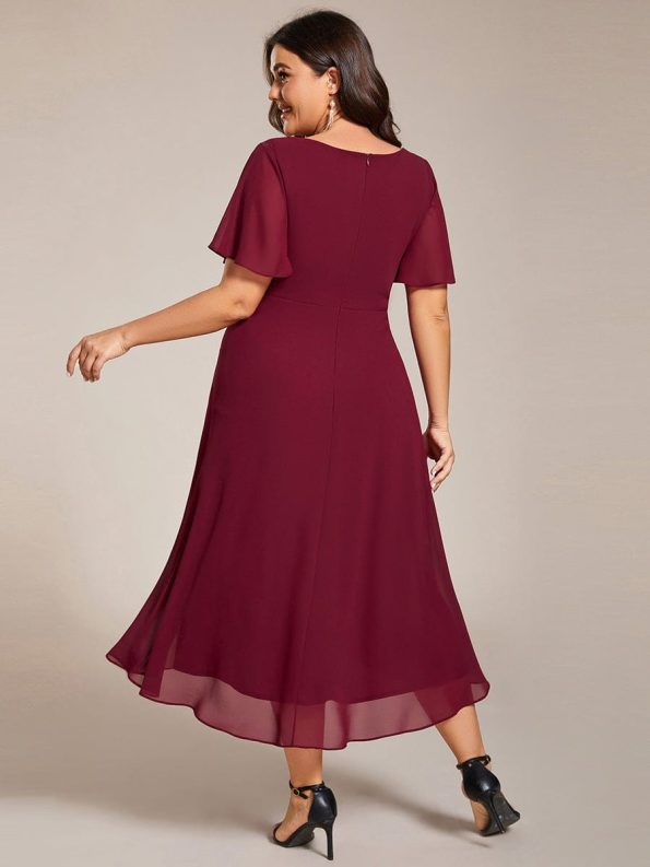 Ruffles Sleeve Pleated V-Neck A-Line Midi Chiffon Wedding Guest Dress - Burgundy