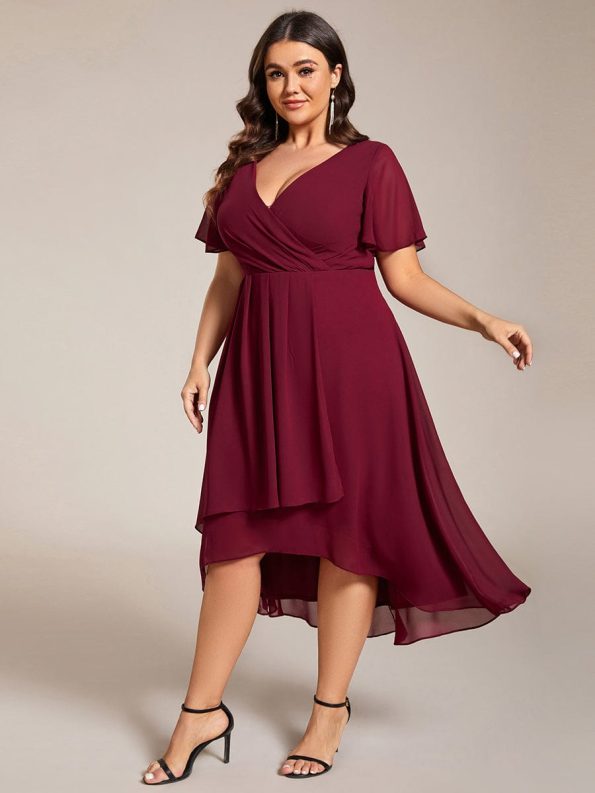 Ruffles Sleeve Pleated V-Neck A-Line Midi Chiffon Wedding Guest Dress - Burgundy