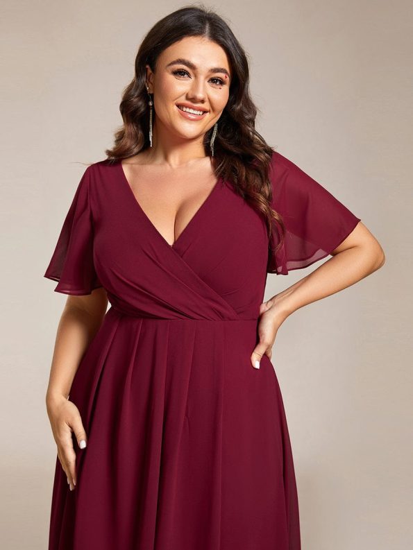 Ruffles Sleeve Pleated V-Neck A-Line Midi Chiffon Wedding Guest Dress - Burgundy