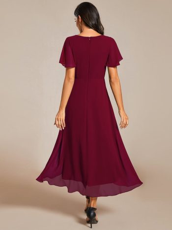 Ruffles Sleeve Pleated V-Neck A-Line Midi Chiffon Wedding Guest Dress - Burgundy