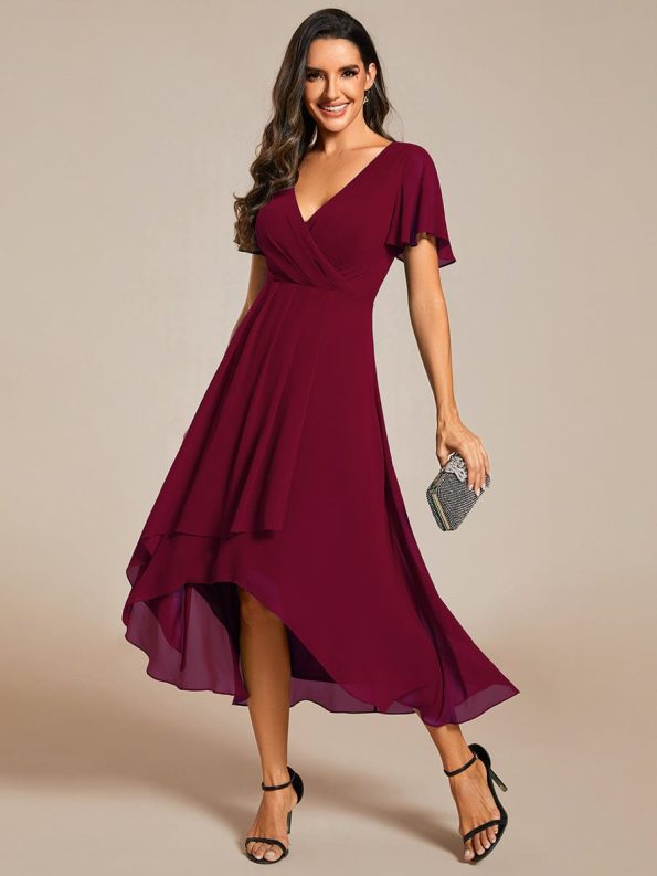 Ruffles Sleeve Pleated V-Neck A-Line Midi Chiffon Wedding Guest Dress - Burgundy