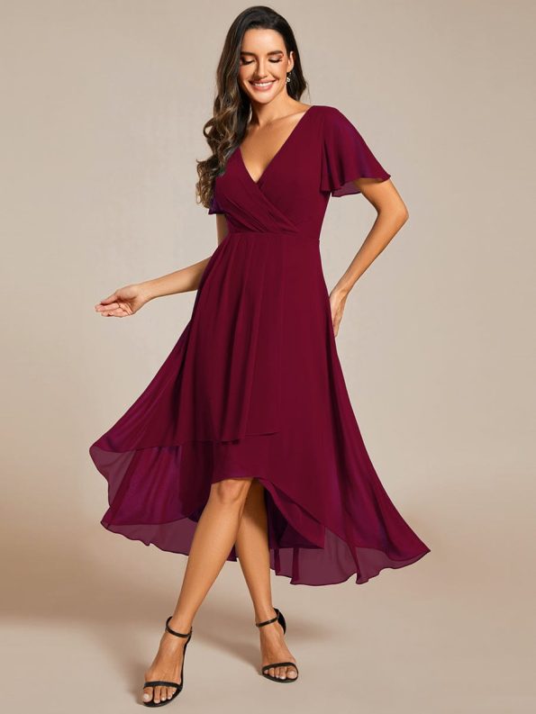 Ruffles Sleeve Pleated V-Neck A-Line Midi Chiffon Wedding Guest Dress - Burgundy