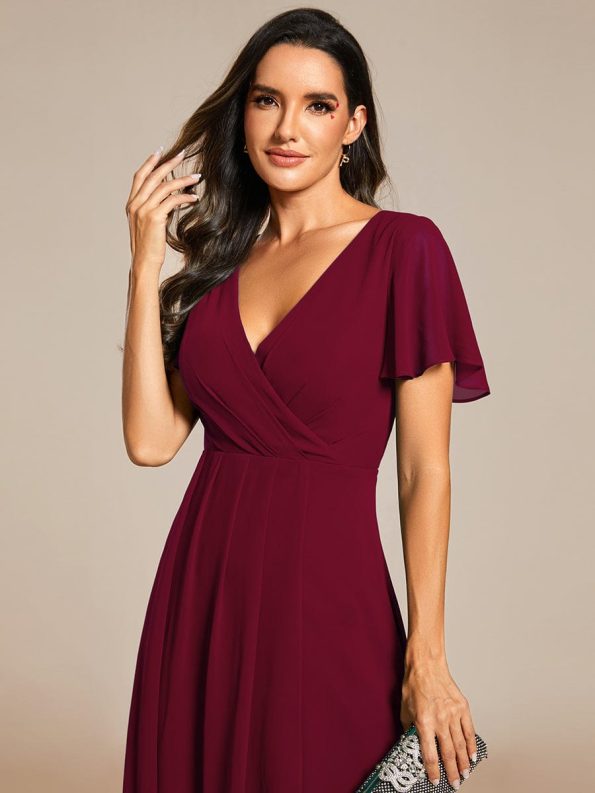 Ruffles Sleeve Pleated V-Neck A-Line Midi Chiffon Wedding Guest Dress - Burgundy