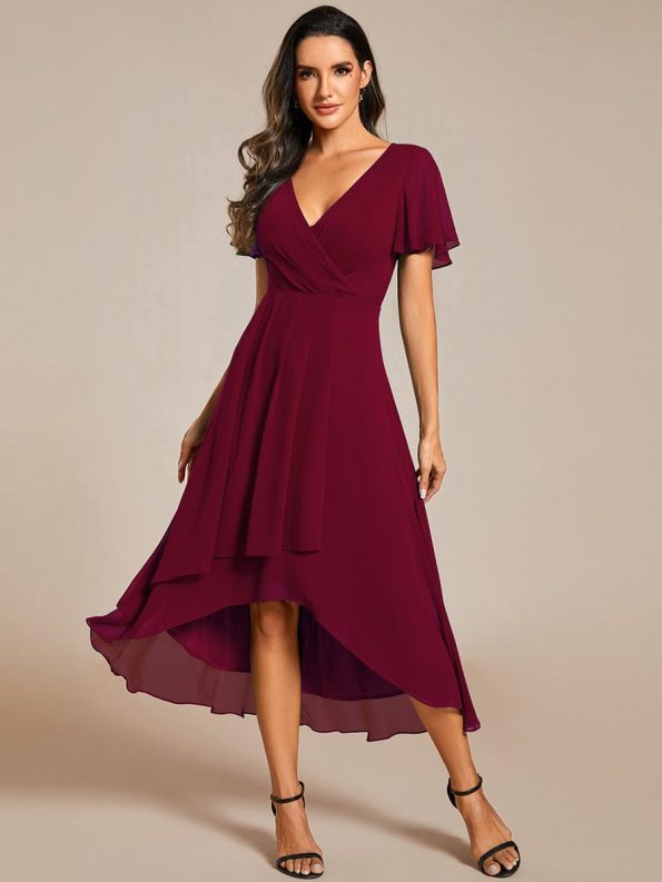 Ruffles Sleeve Pleated V-Neck A-Line Midi Chiffon Wedding Guest Dress - Burgundy