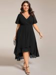 Ruffles Sleeve Pleated V-Neck A-Line Midi Chiffon Wedding Guest Dress – Black