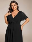 Ruffles Sleeve Pleated V-Neck A-Line Midi Chiffon Wedding Guest Dress – Black