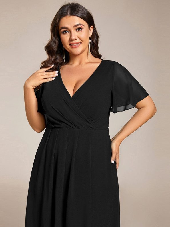 Ruffles Sleeve Pleated V-Neck A-Line Midi Chiffon Wedding Guest Dress - Black